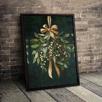 Botanical Christmas Canvas Print, Festive Mistletoe Canvas Wall Art, Holiday Greenery Wall Decor, Winter Gold Bow Canvas, Holiday Xmas Present