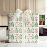 Watercolor Village Gift Wrap, Pink and Green Gingerbread House Wrapping Paper, Whimsical Christmas Wrapping Paper, Adorable Holiday Present Paper