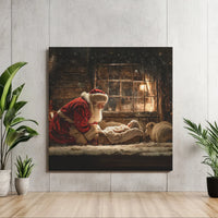 Rustic Stable Nativity Scene Painting, Santa at Nativity Manger Canvas Wall Art, Christian Christmas Canvas Print, Square Canvas Decor