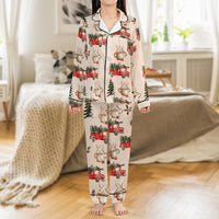 Holiday Mug Print Pajamas, Red Truck Christmas Pajama Set, Winter Festive Satin Pajamas, Comfy Xmas Loungewear Sleep Set, Present for Women