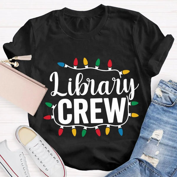 Festive Book Lover Librarian Shirt, Christmas Light Library Crew T-Shirt, Bookish Holiday Graphic Tee, Reader Xmas Present