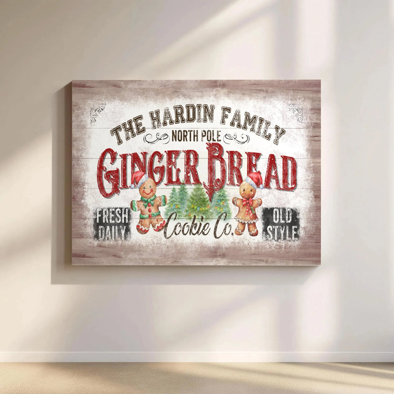 Custom Family Name North Pole Christmas Wall Art, Personalized Gingerbread Cookie Co. Canvas, Vintage Gingerbread Holiday Canvas Print