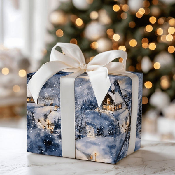 Watercolor Night Cabin Holiday Gift Wrap, Snowy Winter Village Wrapping Paper, Comfy Christmas Town Wrapping Paper, Festive W
