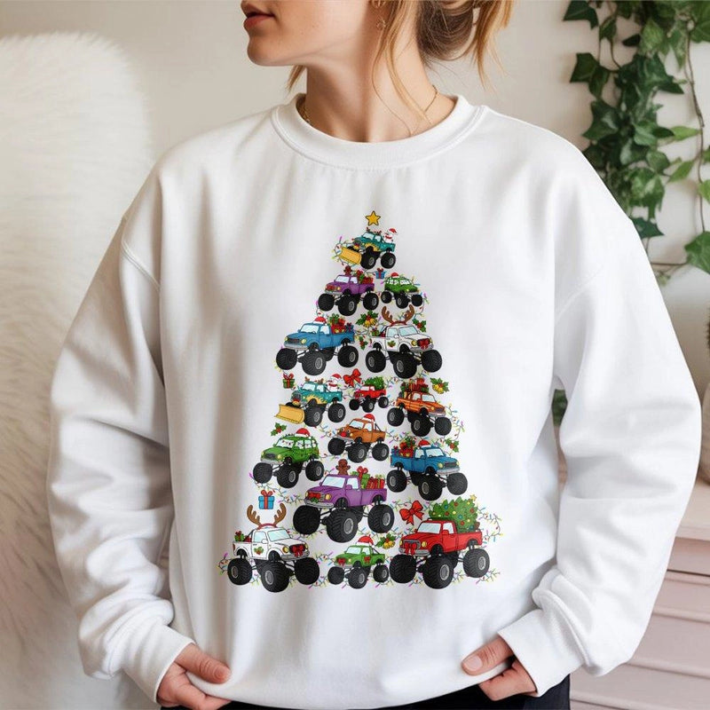 Holiday Truck Sweater, Monster Truck Christmas Tree Sweatshirt, Festive Vehicle Crewneck, Humorous Xmas Graphic Pullover, Truck Lover Present