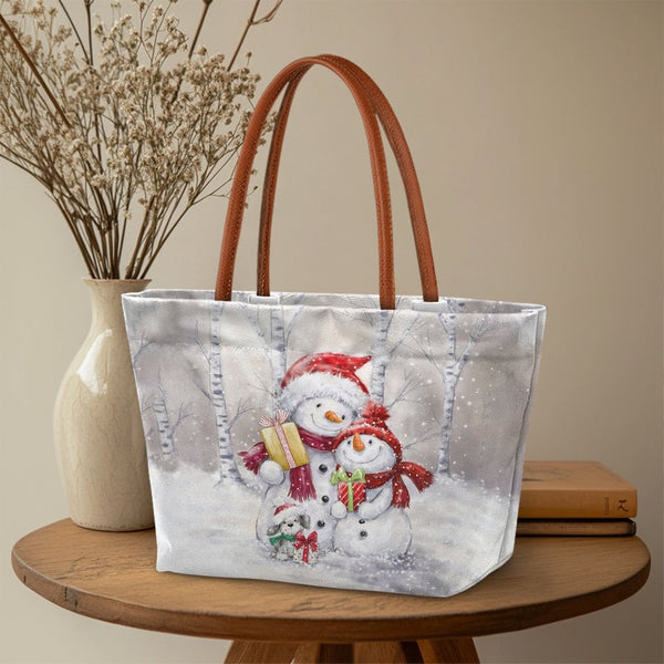 Winter Forest Illustration Shoulder Bag, Christmas Snowman Tote Bag, Holiday Snow Scene Handbag, Festive Adorable Christmas P