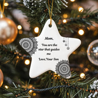 Mandala Star Shaped Ceramic Ornament, Mom Star Ornament from Son, Meaningful Mother Holiday Keepsake, Christmas Tree Star Ornament for Mom