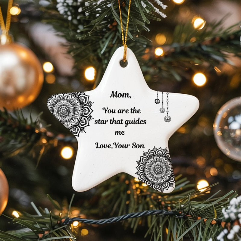 Mandala Star Shaped Ceramic Ornament, Mom Star Ornament from Son, Meaningful Mother Holiday Keepsake, Christmas Tree Star Ornament for Mom