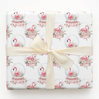 Tropical Christmas Gift Wrap, Snow Globe Flamingo Wrapping Paper, Watercolor Pink Poinsettia Present Paper, Winter Holiday Wrap Roll