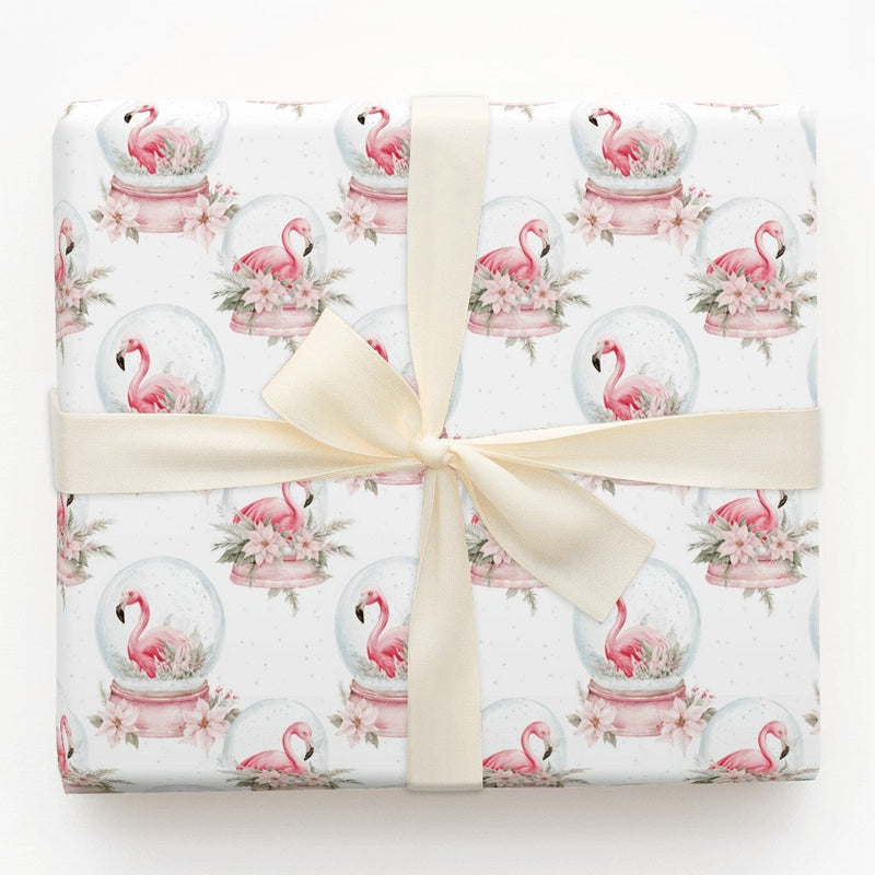 Tropical Christmas Gift Wrap, Snow Globe Flamingo Wrapping Paper, Watercolor Pink Poinsettia Present Paper, Winter Holiday Wrap Roll