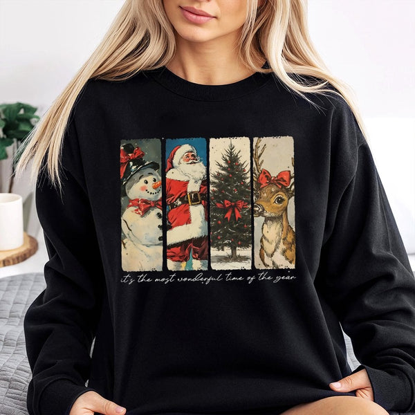 Retro Santa Snowman Reindeer Sweater, Vintage Christmas Sweatshirt, Nostalgic Holiday Graphic Pullover, Winter Xmas Crewneck,