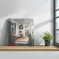 Rustic Holiday Wreath Canvas Print, Christmas Farmhouse Porch Square Canvas, Rocking Chair Winter Painting, Comfy Xmas Home Decor Wall Art