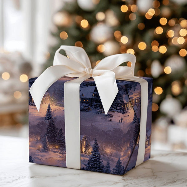 Snowy Cabin Night Scene Gift Wrap, Winter Village Wrapping Paper, Christmas Present Paper, Holiday Gift Wrap Roll, Winter Won