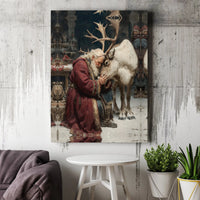 Vintage Christmas Oil Painting Canvas Print, Santa Claus and Reindeer Canvas Wall Art, Holiday Canvas Art, Rustic Winter Wall Decor Present