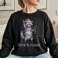 Humorous Woodland Animal Holiday Sweater, Feral and Festive Raccoon Christmas Sweatshirt, Retro Trash Panda Xmas Pullover Present