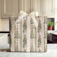 Watercolor Foliage Gift Wrap, Striped Christmas Tree Wrapping Paper, Pink and Green Holiday Wrapping Paper