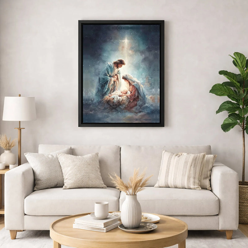 Holy Family Watercolor Wall Art, Nativity Scene Canvas Print, Christian Christmas Decor, Bethlehem Manger Canvas, Holiday Faith Present
