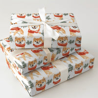 Red Scarf Dog Gift Wrap Paper, Shiba Inu Christmas Wrapping Paper, Winter Pine Tree Present Paper, Adorable Pet Lover Holiday Wrapping Paper
