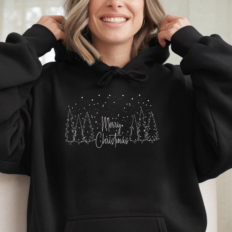 Minimalist Pine Tree Snowy Winter Hoodie, Merry Christmas Hoodie, Aesthetic Christmas Forest Sweatshirt, Comfy Holiday Pullover Present