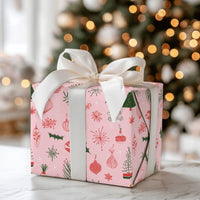 Hand Drawn Holiday Ornament Gift Wrap, Pink Christmas Tree Wrapping Paper, Pastel Pink Christmas Wrapping Paper, Festive Xmas Wrapping Paper