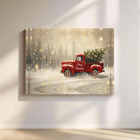 Snowy Winter Forest Tree Canvas Printable, Christmas Red Truck Digital Download, Rustic Farmhouse Xmas Wall Decor, Holiday Art Poster