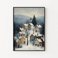 Comfy Snowy Town Painting Print, Winter Village Wall Art Poster, Rustic Christmas Holiday Poster, Seasonal Living Room Wall Decor Present