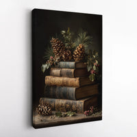 Christmas Holly Canvas Print, Vintage Book Stack Canvas Wall Art, Holiday Still Life Wall Decor, Comfy Winter Bookish Home Decor Canvas Art