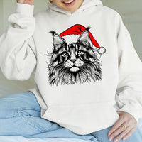 Santa Hat Graphic Kitten Sweatshirt, Maine Coon Cat Christmas Hoodie, Festive Pet Lover Pullover, Adorable Holiday Cat Mom Xmas Present