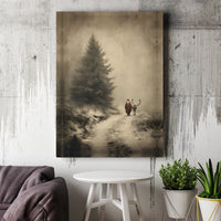 Winter Forest Canvas Print, Vintage Santa Claus with Reindeer Canvas Wall Art, Holiday Christmas Canvas Decor, Rustic Xmas Wall Art Present