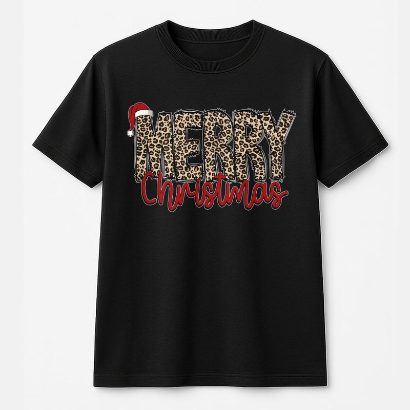 Santa Hat Holiday Shirt, Leopard Print Merry Christmas T-Shirt, Retro Xmas Graphic Tee, Festive Winter Holiday T-Shirt