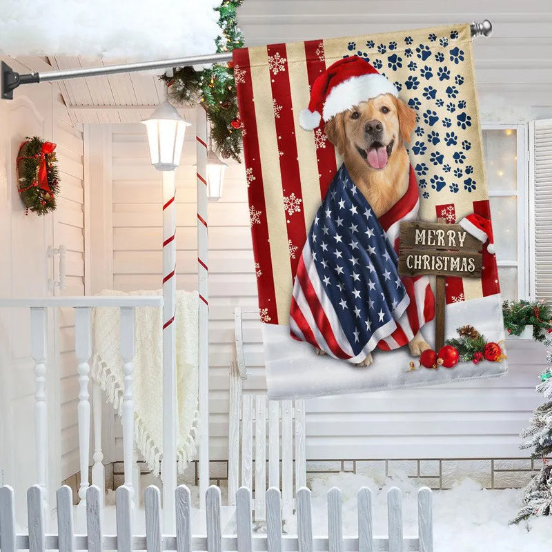 Patriotic Santa Hat Dog American Flag, Golden Retriever Christmas Garden Flag, Double-Sided Holiday Golden Yard Flag, Dog Lover Lawn Decor