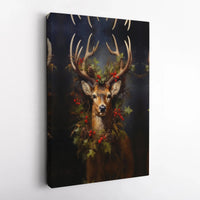 Christmas Holly Wreath Wall Art, Majestic Deer Canvas Print, Winter Deer Canvas Wall Decor, Holiday Season Deer Art Present