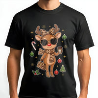 Leopard Print Christmas T-Shirt, Boujee Reindeer T-Shirt, Adorable Holiday Animal Graphic Tee, Retro Winter Reindeer Shirt, Womens Xmas Present