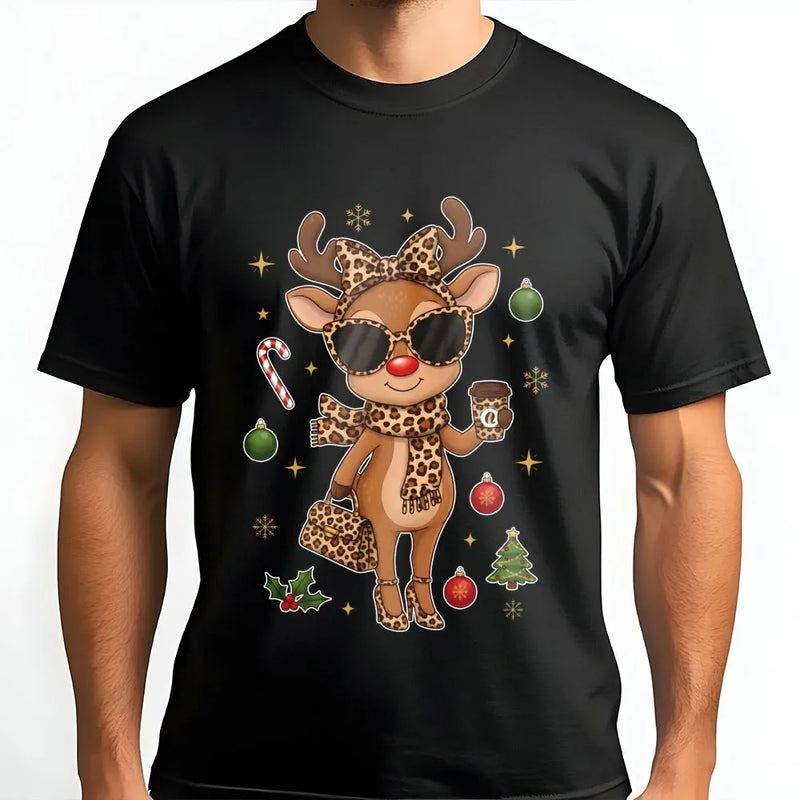 Leopard Print Christmas T-Shirt, Boujee Reindeer T-Shirt, Adorable Holiday Animal Graphic Tee, Retro Winter Reindeer Shirt, Womens Xmas Present