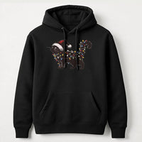 Black Kitty Santa Hat Holiday Hoodie, Cat Christmas Lights Hoodie, Adorable Xmas Cat Lover Hoodie, Festive Winter Hooded Sweatshirt Present