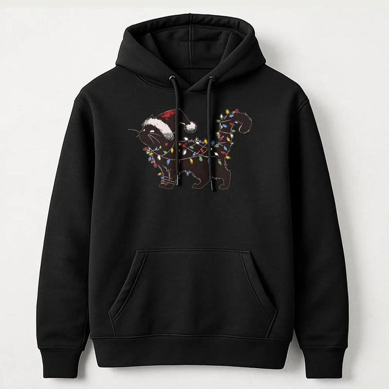 Black Kitty Santa Hat Holiday Hoodie, Cat Christmas Lights Hoodie, Adorable Xmas Cat Lover Hoodie, Festive Winter Hooded Sweatshirt Present