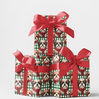 Festive Plaid Dog Gift Wrap, Shih Tzu Christmas Wrapping Paper, Adorable Puppy Holiday Wrapping Paper