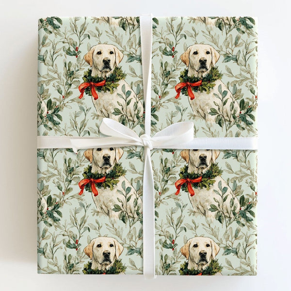 Dog Holiday Wreath Gift Wrap, Yellow Labrador Christmas Wrapping Paper, Watercolor Pet Wrapping Paper, Dog Lover Winter Prese