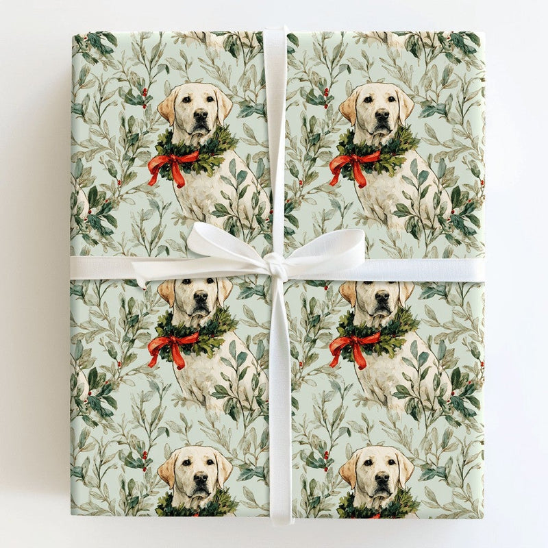 Dog Holiday Wreath Gift Wrap, Yellow Labrador Christmas Wrapping Paper, Watercolor Pet Wrapping Paper, Dog Lover Winter Present Paper Roll