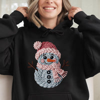 Crochet Faux Yarn Graphic Hooded Sweatshirt, Christmas Snowman Hoodie, Adorable Winter Snowman Hoodie, Comfy Holiday Season Present for Her