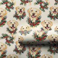 Watercolor Dog Wreath Gift Wrap, Yellow Lab Christmas Wrapping Paper, Yellow Labrador Holiday Wrapping Paper, Dog Lover Xmas Wrapping Paper