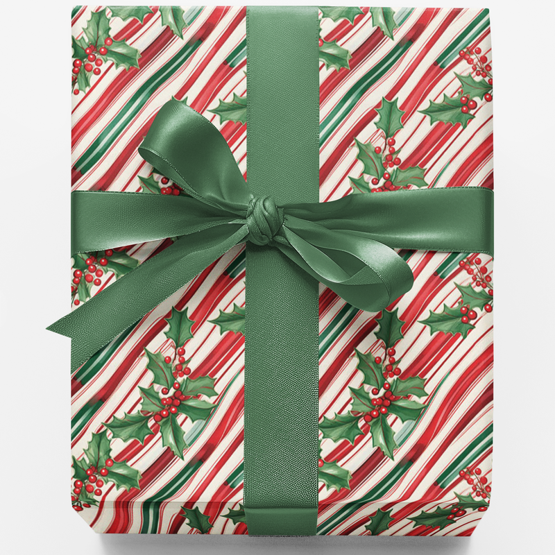 Holly Berry Christmas Gift Wrap Roll, Candy Cane Stripe Wrapping Paper, Retro Peppermint Holiday Wrapping Paper, Traditional Present Wrap