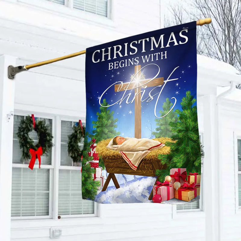 Baby Jesus Nativity Manger Yard Flag, Christmas Begins with Christ Garden Flag, Double-Sided Christian Flag, Holiday Porch Decor