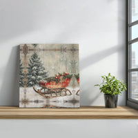 Snowy Pine Tree Forest Canvas Wall Art, Vintage Christmas Sleigh Square Canvas, Rustic Winter Canvas Print, Holiday Farmhouse