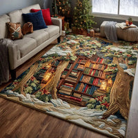 3D Vintage Holiday Library Floor Rug, Christmas Bookshelf Area Rug, Washable Book Lover Living Room Carpet, Xmas Home Decor