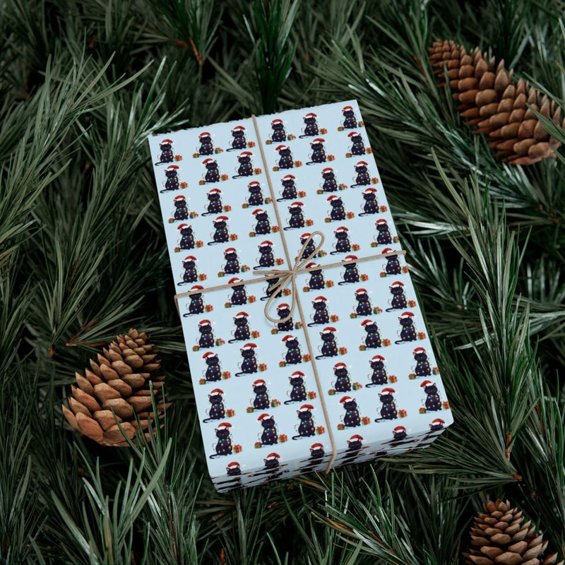 Santa Hat Kitten Gift Wrap, Christmas Black Cat Wrapping Paper, Fairy Lights Holiday Wrapping Paper, Adorable Cat Lover Gift Wrap, Present Paper