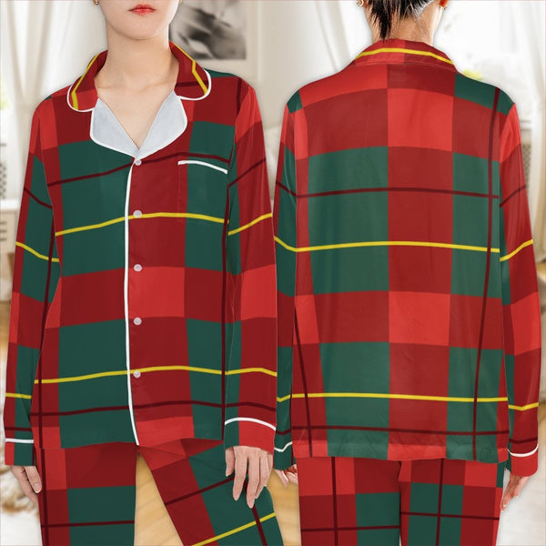 Red Green Tartan Pajamas, Christmas Plaid Satin Pajama Set, Silky Button Up Holiday Sleepwear, Winter Festive Pajama Pants