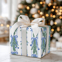 Blue Bows Christmas Gift Wrap, Watercolor Pine Garland Wrapping Paper, Elegant Botanical Holiday Wrapping Paper, Luxury Winter Present Paper