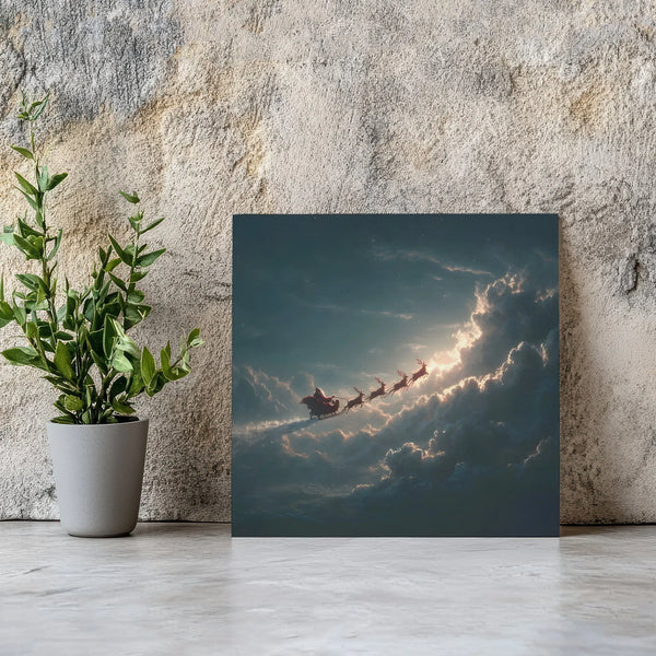 Dramatic Christmas Flight Canvas Wall Art, Santa Sleigh Reindeer Night Sky Canvas, Vintage Holiday Scene Print, Winter Holida