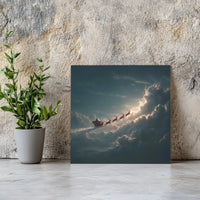 Dramatic Christmas Flight Canvas Wall Art, Santa Sleigh Reindeer Night Sky Canvas, Vintage Holiday Scene Print, Winter Holiday Decor