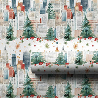 Watercolor NYC Urban Gift Wrap, Christmas City Skyline Wrapping Paper, Winter Pine Tree Present Wrap, Festive Holiday Packaging